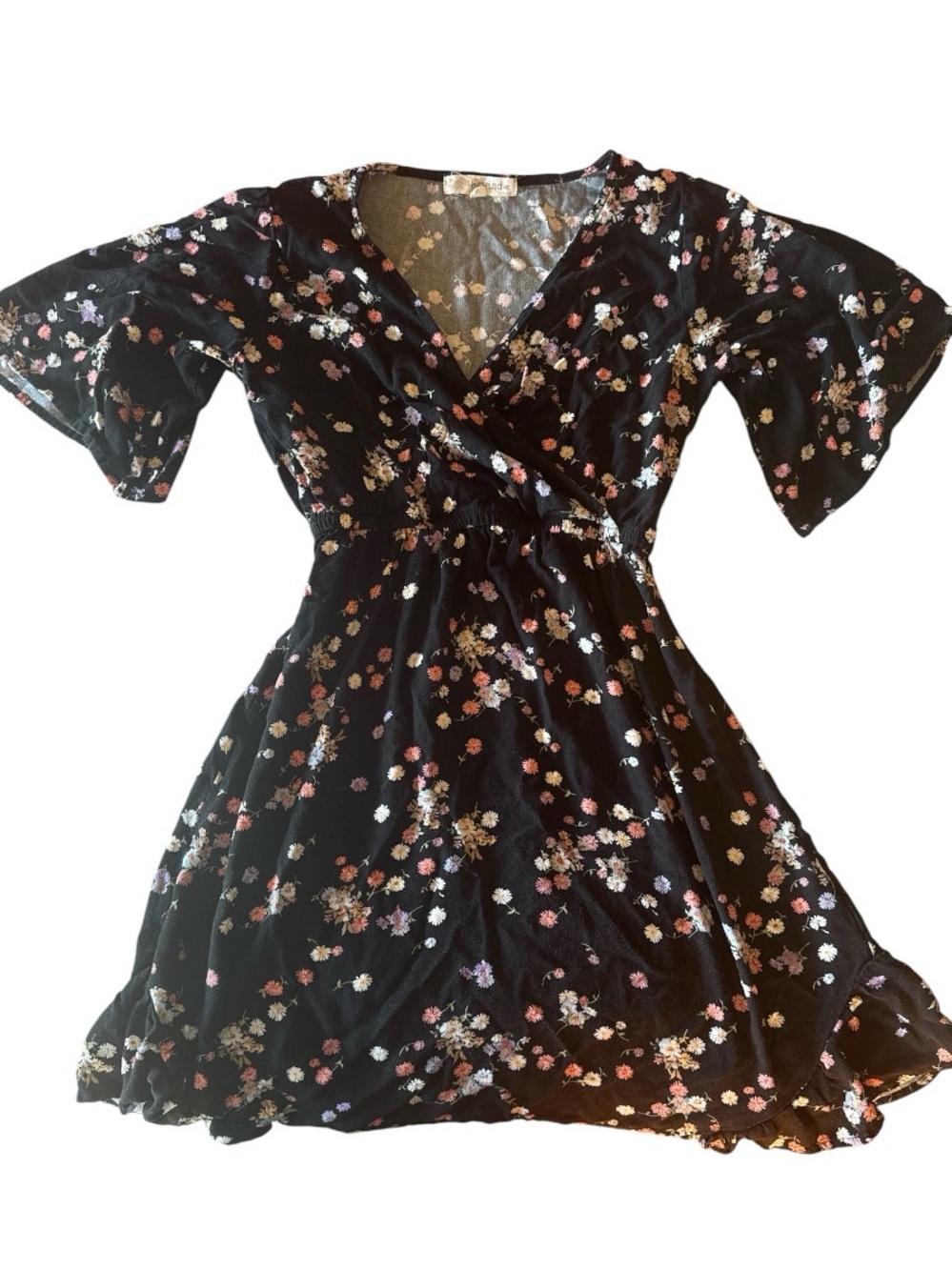 Rewind Black Floral Wrap Mini Dress Size XS Cottagecore Boho Fairy